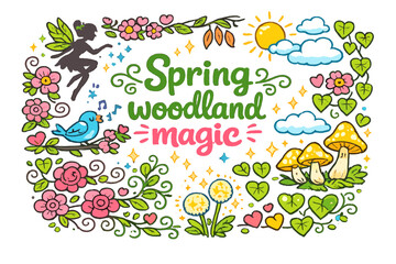 Spring Woodland Magic. Spring woodland magic. Hand-drawn doodle illustration of Spring woodland magic. fairy