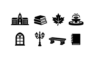 Academia autumn scene. Filled icon set of Academia autumn scene: old university building,
