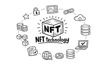 NFT technology. Hand-drawn doodle illustration of NFT technology. In the middle, one slightly larger central