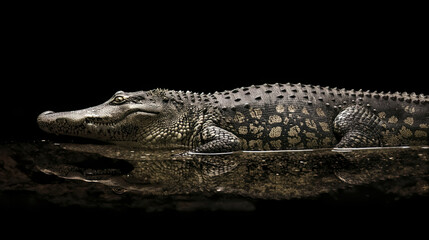 Fototapeta premium Powerful Nile crocodile emerging from shallow pool, close-up scaly texture, dark reflective water, embodying raw wilderness dominance