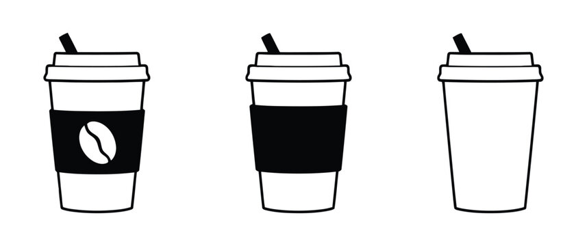 A versatile set of takeaway coffee cup icons, featuring different lid styles, coffee bean logos, and whipped cream toppings. Hot coffee cup icon. Paper coffee cup icon isolated on white background.
