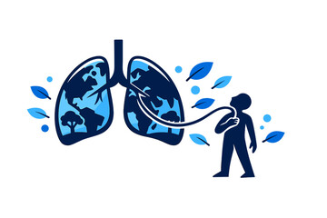 Living planet. Green forest lungs connected to a small human silhouette, leaves floating