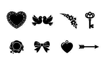Retro Valentine Icons. Retro Valentine romance. Filled icon set of Retro Valentine romance: lace heart, doves