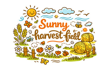 Sunny harvest field. Hand-drawn doodle illustration of Sunny harvest field. ripe grain, sun, hay bales, birds,