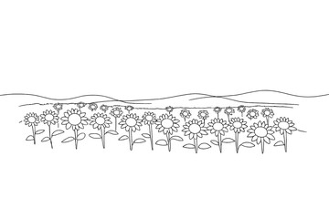 "Sunflower fields". Minimalistic one-line drawing vast field of sunflowers with tall stems and blooming heads
