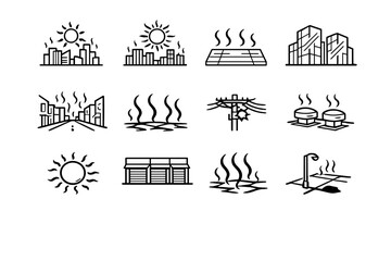 Overheated downtown. Line outline icon set of Overheated downtown: downtown skyline heat, blazing sun above