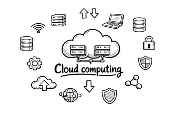 Cloud computing. Hand-drawn doodle illustration of Cloud computing. In the middle, one slightly larger central