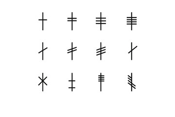 Ogham script symbols. Line outline icon set of Ogham script symbols: birch mark, rowan mark, alder mark,