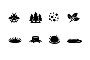 Fireflies in summer forest. Filled icon set of Fireflies in summer forest: glowing firefly,