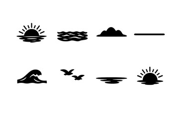 Ocean sunset scene. Filled icon set of Ocean sunset scene: sun dipping, open sea, rolling