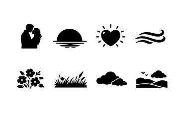 Warm summer romance. Filled icon set of Warm summer romance: couple silhouettes, sunset sun, heart glow,