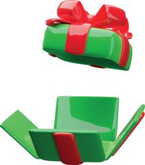 A bright green 3D open gift box with a square lid and a red bow.