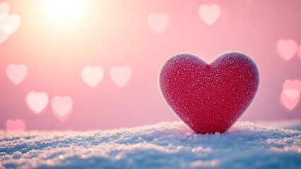 Valentine's day background with red heart on snowy ground and pink bokeh lights
