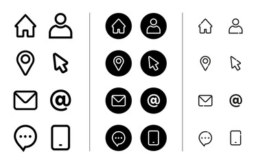 Vector contact icons set with eight symbols in three styles: outline, filled circle and minimal line. Includes home, user, location pin, cursor, email, at sign, chat and smartphone