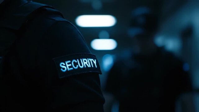 Close-up of security guard uniform shoulder displaying a blue 'SECURITY' patch in a dark corridor setting, concept for surveillance services, corporate safety branding and professional protection