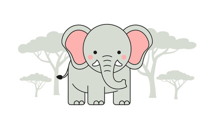 Adorable Cartoon Elephant Standing Amidst Sparse Tree Silhouettes for