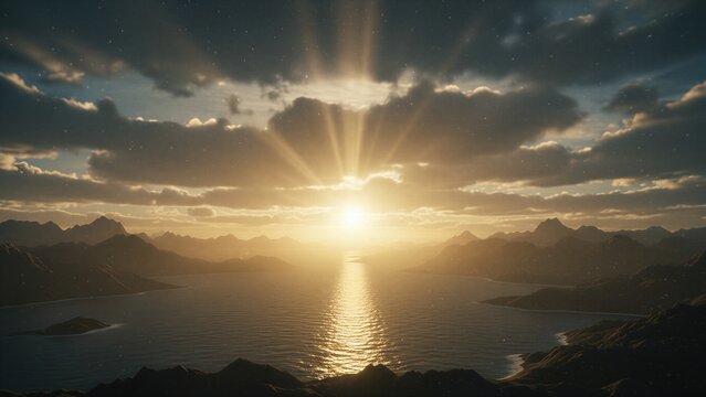 Dramatic sunrise over mountain landscape with calm water. Majestic creation of light on the first day in Genesis, a spiritual journey. Sacred and powerful.