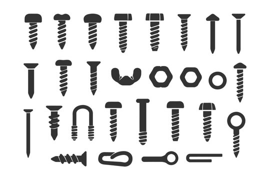 Assorted black silhouette screws and fasteners collection.