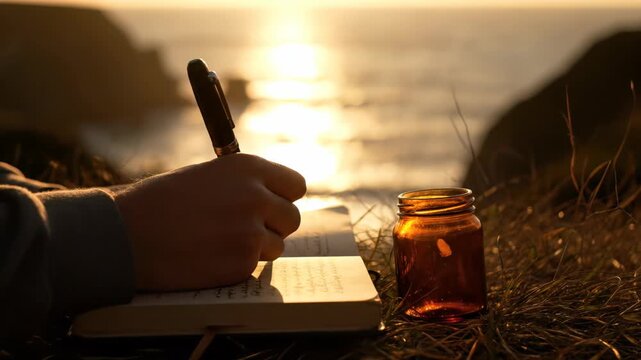 Hand writing in a small notebook with a pen next to an amber jar during a golden sunset overlooking the ocean, concept for travel memories, self-reflection and creative writing