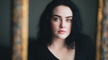 Fototapeta premium Woman with dark hair looking at the camera in a room with a frame