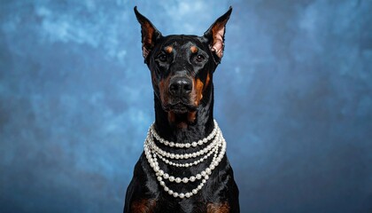 Elegant Doberman Pinscher Adorned with Pearls Against a Moody Blue Background.