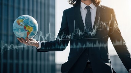 Holding globe with stock market overlay against skyscrapers