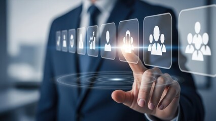 Man touching virtual icons, in a crisp suit, selection glows, futuristic tech