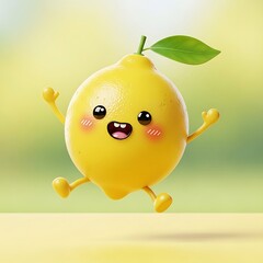 Fototapeta premium Happy cartoon lemon character jumping high.