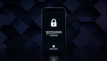 Smartphone screen showing a padlock icon with encrypted message notification and a shield symbol with digital privacy text, representing data security and online protection