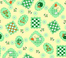 Playful Patchwork Pattern with Bears, Hearts and Apples on Yellow Background, Seamless Nursery Design for Kids
