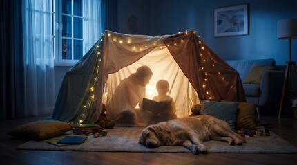 Mother and Child Reading a Book Together in a Cozy Blanket Tent at Night