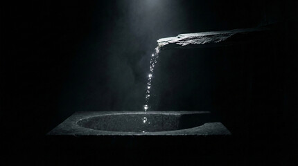 Zen Stone Water Fountain with Trickling Water Stream in Dark Moody Environment