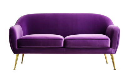 A plush, two-seater sofa with purple upholstery and gold legs, isolated on black
