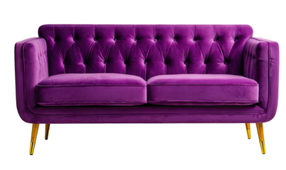 Plush, button-tufted two-seater in a rich, velvety purple with golden tapered legs