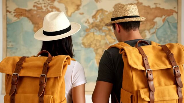 Couple wearing straw hats and large mustard backpacks looks at a vintage world map planning their global adventure, concept for travel blogs, vacation advertising and lifestyle marketing materials