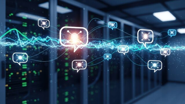 Server room with data represented as speech bubbles and energy waves - Powered by Adobe