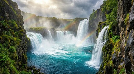Fototapeta premium Majestic waterfall with vibrant rainbow arching over the powerful cascade, symbolizing creation and the beauty of natural world.