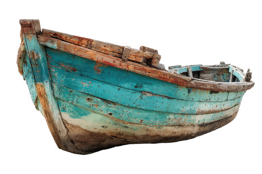 Weathered, teal-painted wooden boat, partially decaying. Isolated against black background