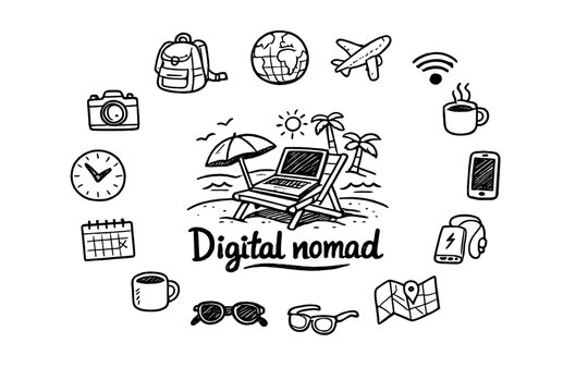 Digital Nomad Doodle. Digital nomad. Hand-drawn doodle illustration of Digital nomad. In the middle, one