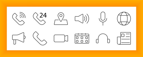 Call center set icon. Phone icons, microphones, megaphones, globe, calendar, location marker, speaker, news, and headphones shown in outline representing voice support and audio services.