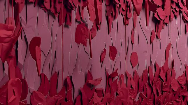 Dynamic textured background featuring overlapping crimson and pink abstract leaf shapes, creating a rich, vibrant, and organic pattern for design projects
