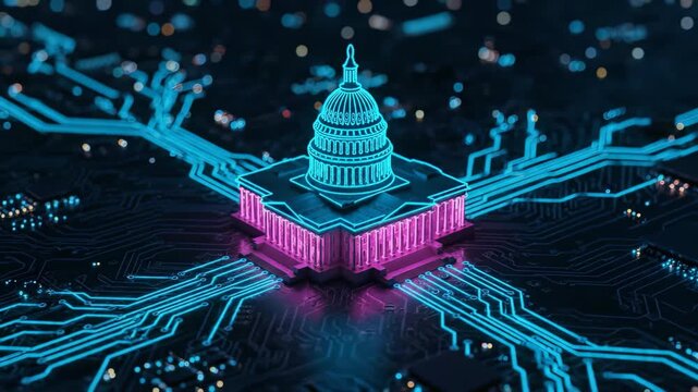 Glowing digital Capitol building on a pink microchip integrated into a dark, data-flowing circuit board, concept for digital governance, future security infrastructure and government policy