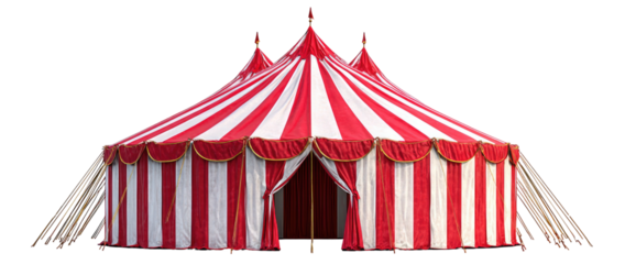 Large, classic red-and-white striped tent, detailed with gold trim, open entrance and a black background