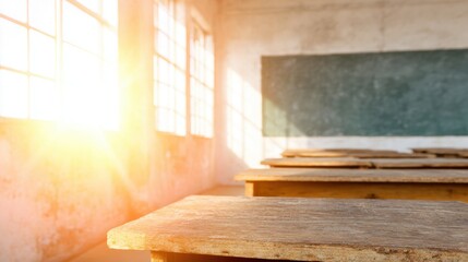 Fototapeta premium Sunlight enters an empty classroom with wooden desks and a chalkboard