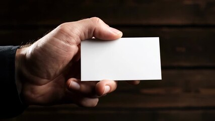 Close-up of a CEO's hand holding a horizontal blank white business card against a dark, rustic wooden background, concept for corporate identity, professional networking and luxury branding