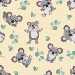 Obraz premium Seamless Pattern of Cute Baby Koalas and Eucalyptus Leaves