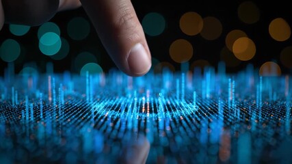 Human finger touches an abstract blue digital interface showing glowing data spikes on a dark background, concept for artificial intelligence, big data visualization and modern technology - Powered by Adobe