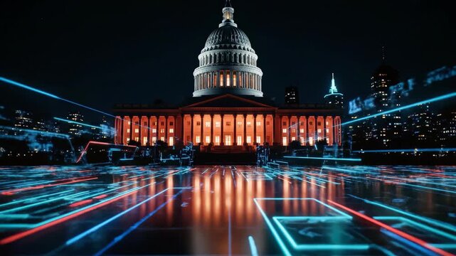 Illuminated Capitol building with a digital data circuit network overlay reflecting on the surface at night, concept for global security, digital governance and lawmaking policy