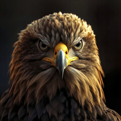 Naklejka premium Majestic Golden Eagle Head Close-Up with Piercing Gaze, Regal Plumage, and Powerful Freedom Symbol in Spanish Context Against Dark Gradient Background