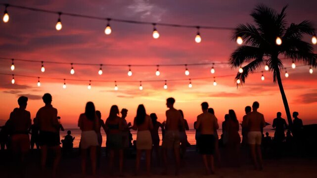 Silhouettes of friends dancing at a vibrant sunset beach party under bright string lights, concept for travel promotions, summer festival visuals and vacation retreat marketing
